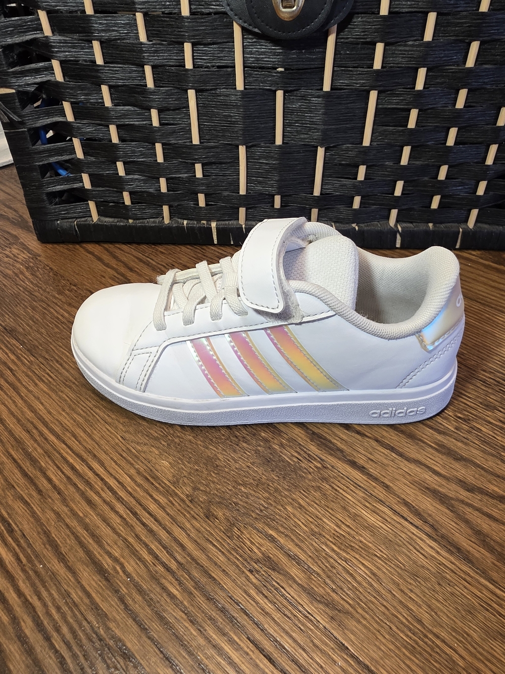 Adidas Grand Court Kids' White Sneaker with Iridescent Stripes Size 13